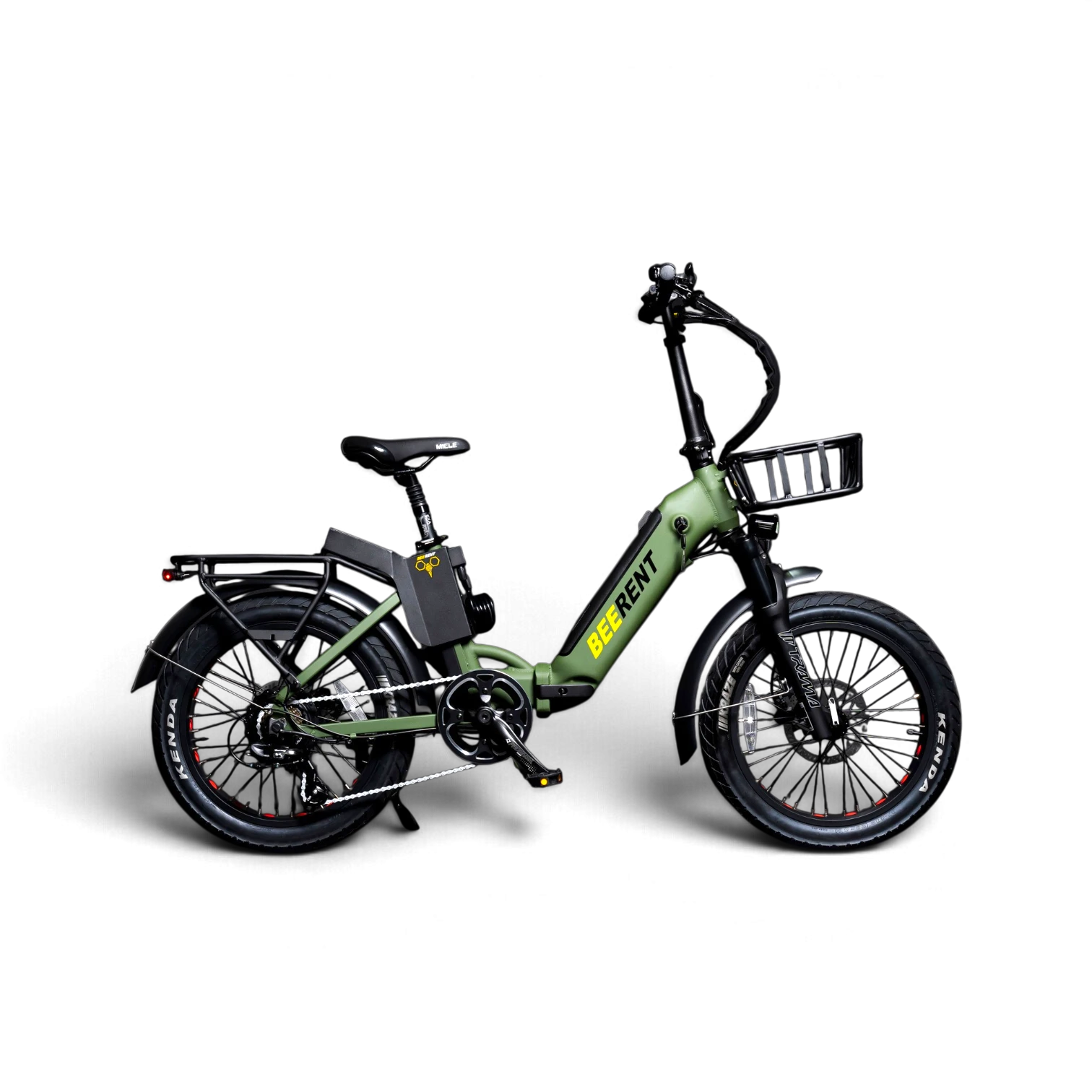 Bicicletta elettrica Beerent verde, con cestino e batteria posteriore